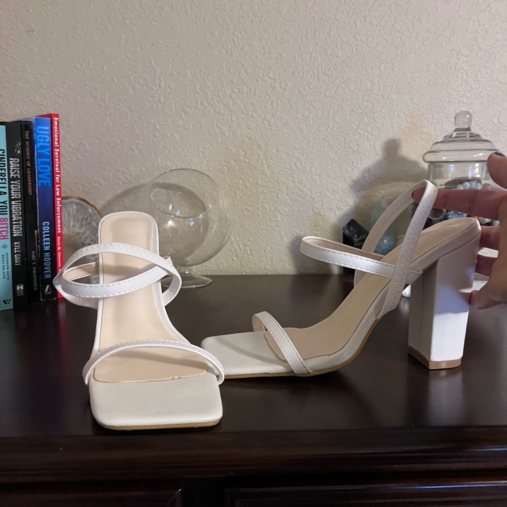 White strappy chunky heel sandal
